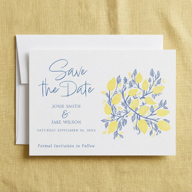 Blue and yellow Lemon vines save the date (Blue and yellow Lemon vines save the date.)