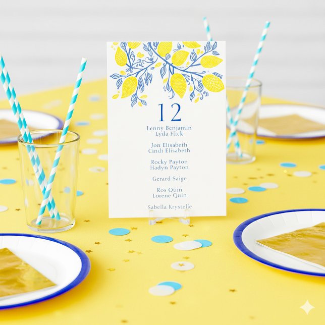 Blue and yellow lemon vines table Seating Chart Invitation (Bright and colorful, yellow lemons, blue vines table number name chart card.)