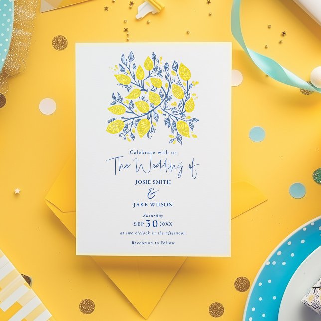 Blue and yellow lemon vines Wedding Invitation (Bright yellow and blue theme. The top of the card features a delightful lemon branch illustration.)