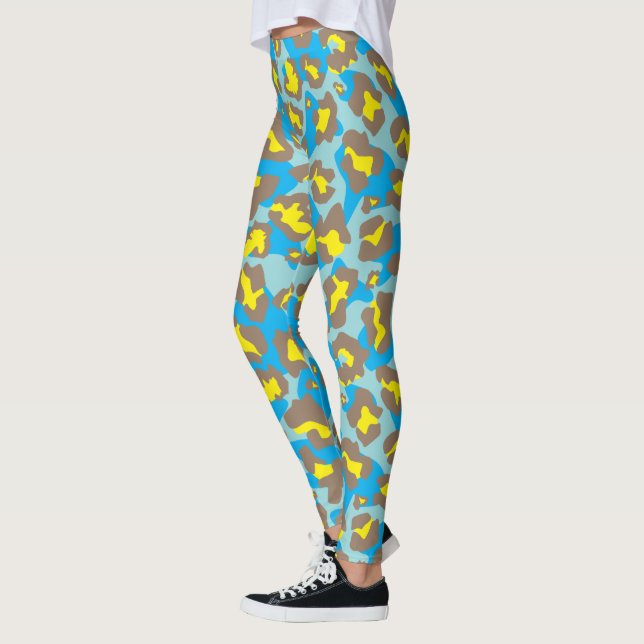 Blue and yellow leopard animal print leggings (Left)