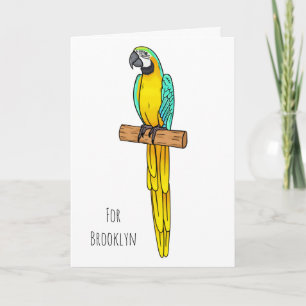Blue-and-yellow macaw bird cartoon illustration  card