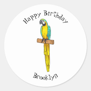 Blue-and-yellow macaw bird cartoon illustration classic round sticker