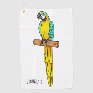 Blue-and-yellow macaw bird cartoon illustration golf towel