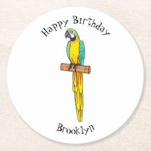 Blue-and-yellow macaw bird cartoon illustration round paper coaster