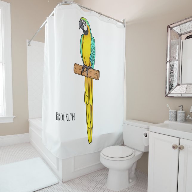 Blue-and-yellow macaw bird cartoon illustration  shower curtain (In Situ)