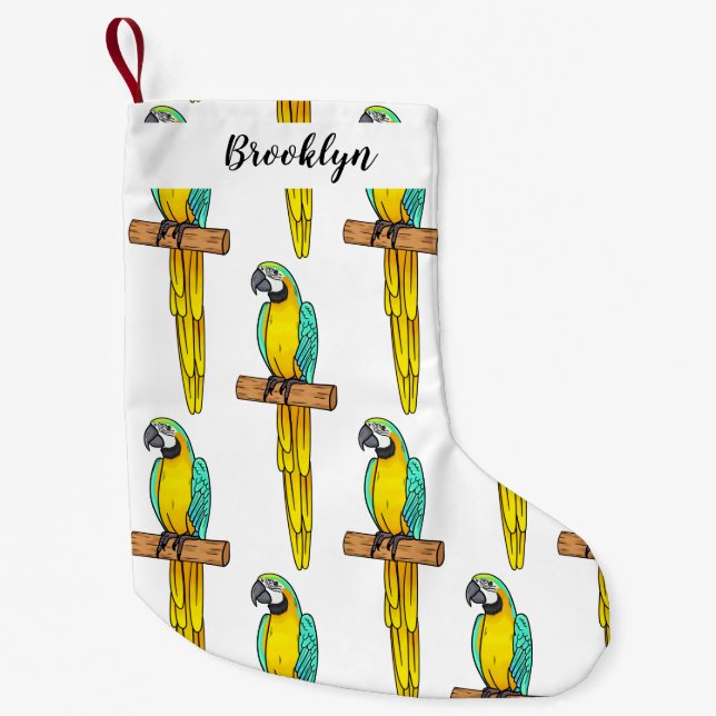 Blue-and-yellow macaw bird cartoon illustration small christmas stocking (Front)