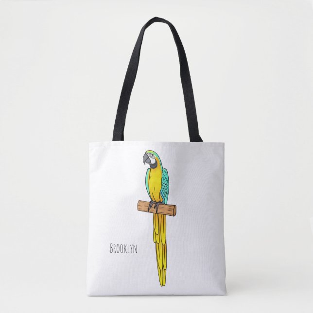 Blue-and-yellow macaw bird cartoon illustration  tote bag (Front)