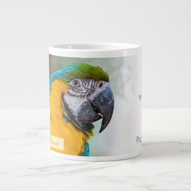 Blue-and-Yellow Macaw Psalm 145:9 KJV Large Coffee Mug (Front)