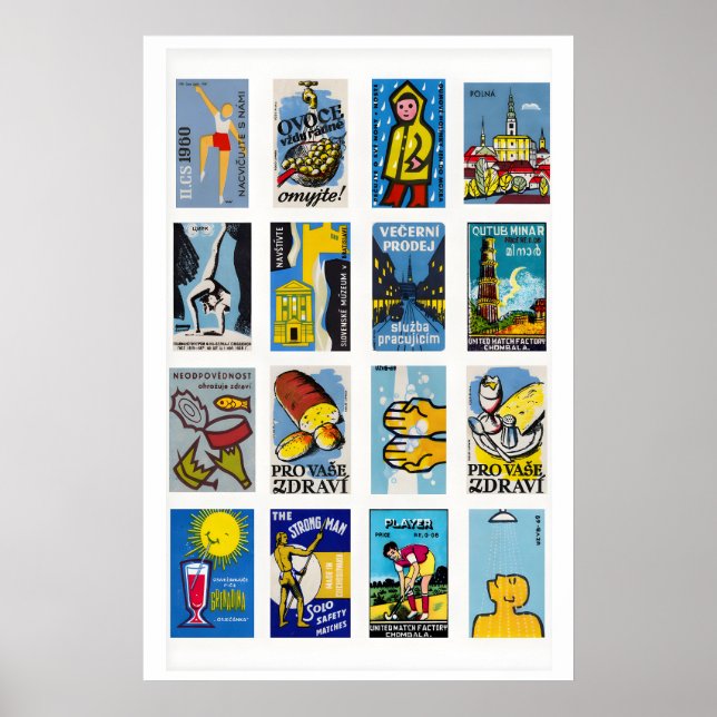 Blue and Yellow Matchbox Label Collage, mid Poster (Front)