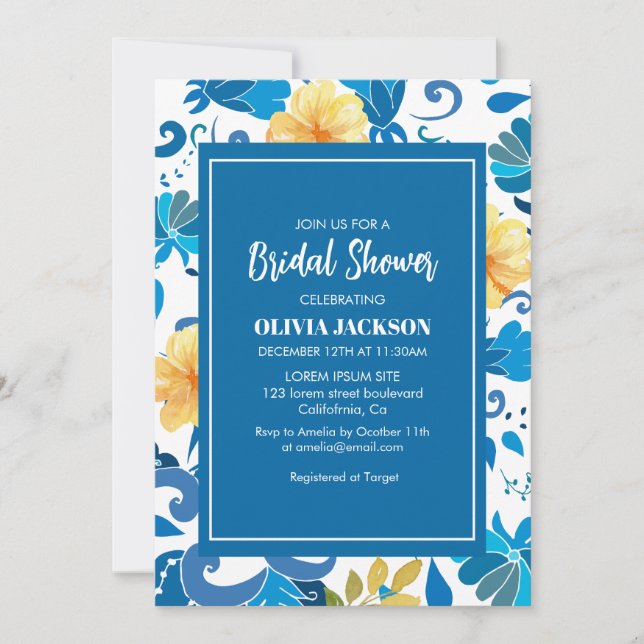 Blue and yellow Mediterranean Bridal Shower  Invitation (Front)