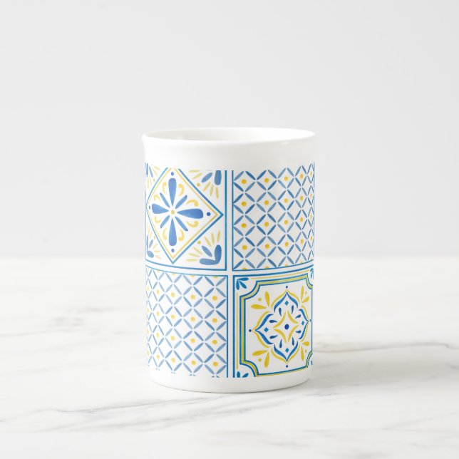 Blue and Yellow Mediterranean Italian Tile Bone China Mug (Front)