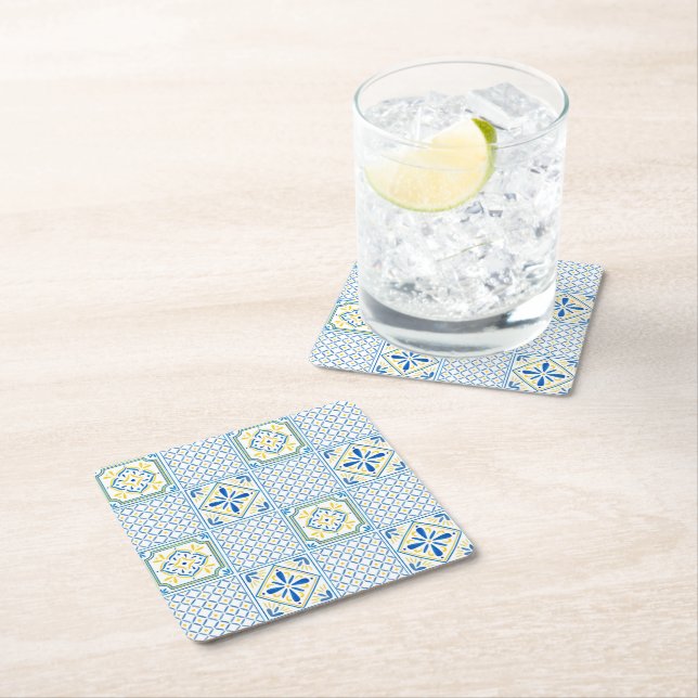 Blue and Yellow Mediterranean Italian Tile Square Paper Coaster (Insitu)