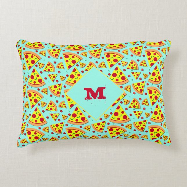 Blue and Yellow Monogram Pizza Slices Patterned Decorative Cushion (Front)