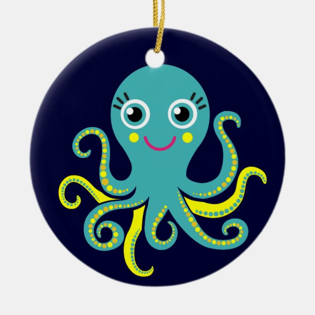 Blue and Yellow Octopus Ceramic Tree Decoration (Front)