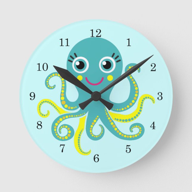 Blue and Yellow Octopus Round Clock (Front)
