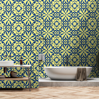 Blue and yellow oriental decor wallpaper