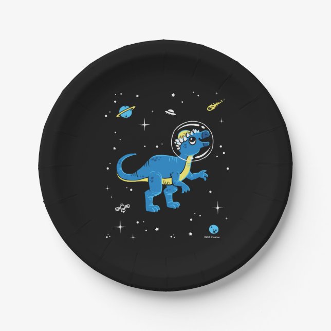 Blue And Yellow Pachycephalosaurus Dinos In Space Paper Plate (Front)