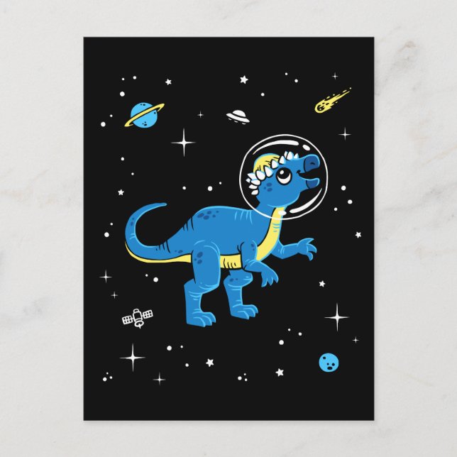 Blue And Yellow Pachycephalosaurus Dinos In Space Postcard (Front)