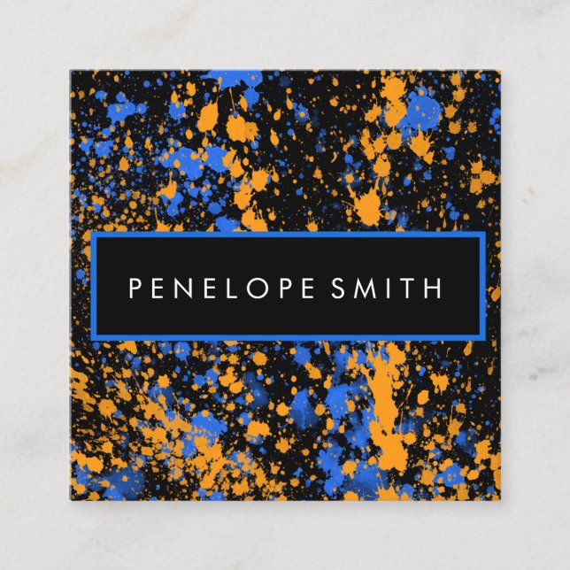 Blue and Yellow Paint Splatter Makeup Artist Square Business Card (Front)