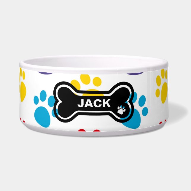 Blue and Yellow Paw Print Personalised dog bowl (Front)