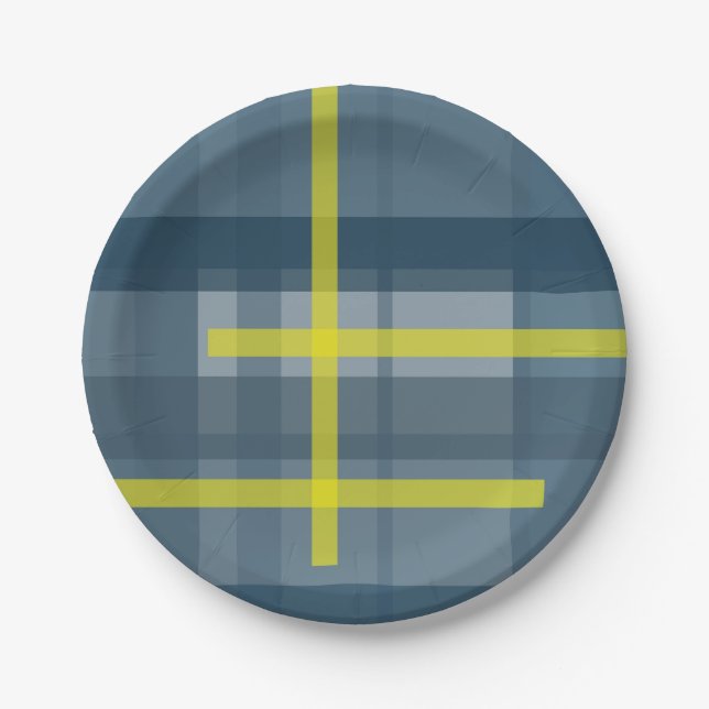 Blue and yellow plaid pattern paper plate (Front)