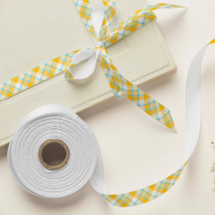 Blue and Yellow Plaid Ribbon   Baby Shower or Gift Satin Ribbon