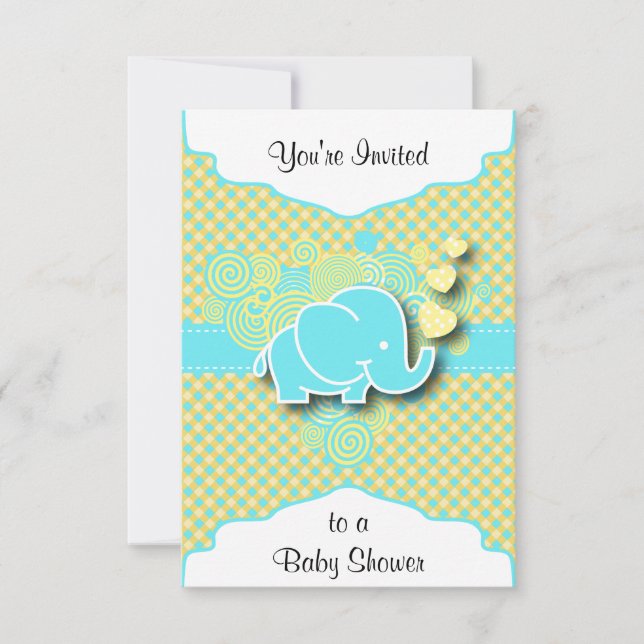 Blue and Yellow Plaid with Baby Elephant Invitation (Front)