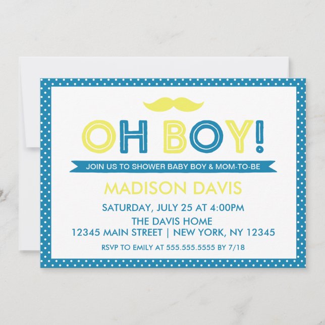 Blue and Yellow Polka Dot Oh Boy Baby Shower Invitation (Front)
