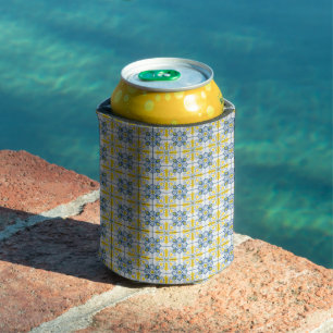 Blue and yellow pretty Portuguese tiles pattern Can Cooler