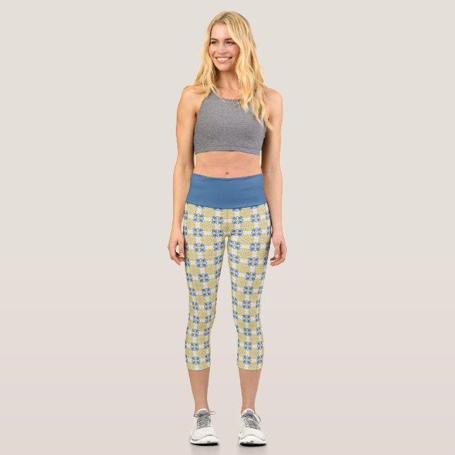 Blue and yellow pretty Portuguese tiles pattern Capri Leggings (Front)