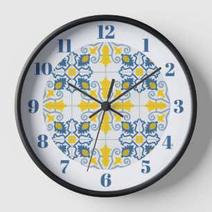 Blue and yellow pretty Portuguese tiles pattern Clock