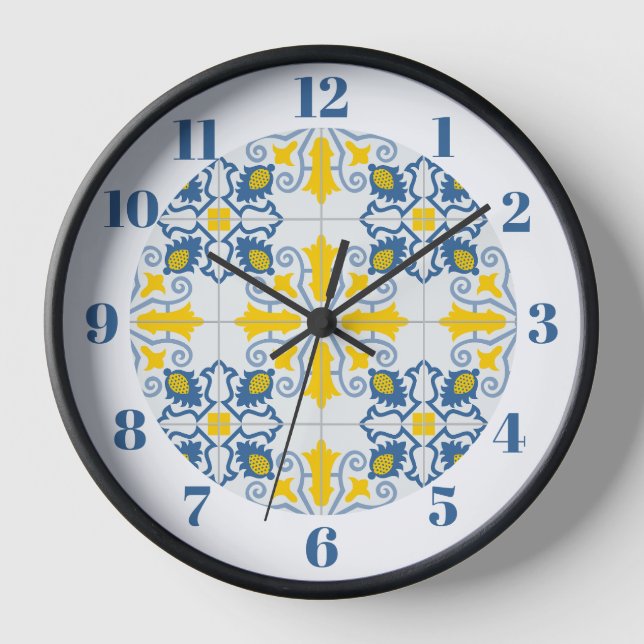 Blue and yellow pretty Portuguese tiles pattern Clock (Front)