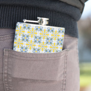 Blue and yellow pretty Portuguese tiles pattern Hip Flask