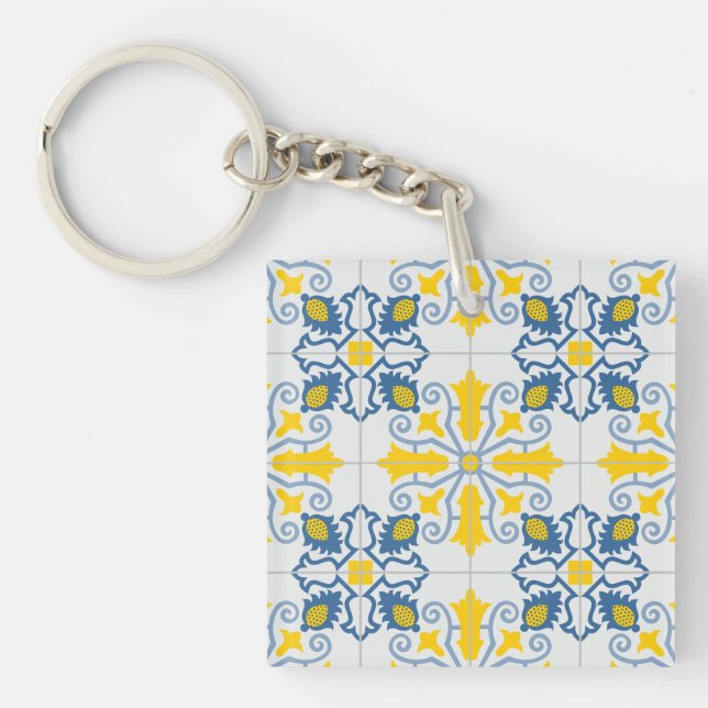 Blue and yellow pretty Portuguese tiles pattern Key Ring (Front)