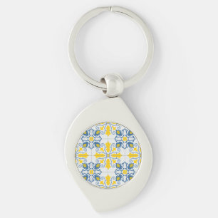 Blue and yellow pretty Portuguese tiles pattern Key Ring