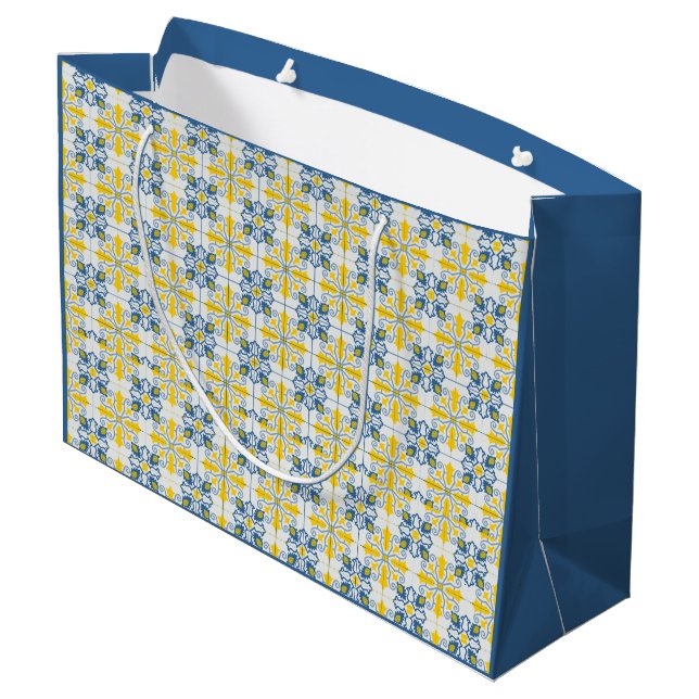 Blue and yellow pretty Portuguese tiles pattern Large Gift Bag (Back Angled)