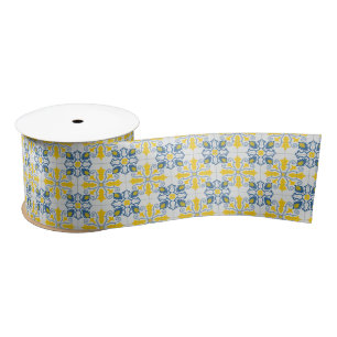 Blue and yellow pretty Portuguese tiles pattern Satin Ribbon