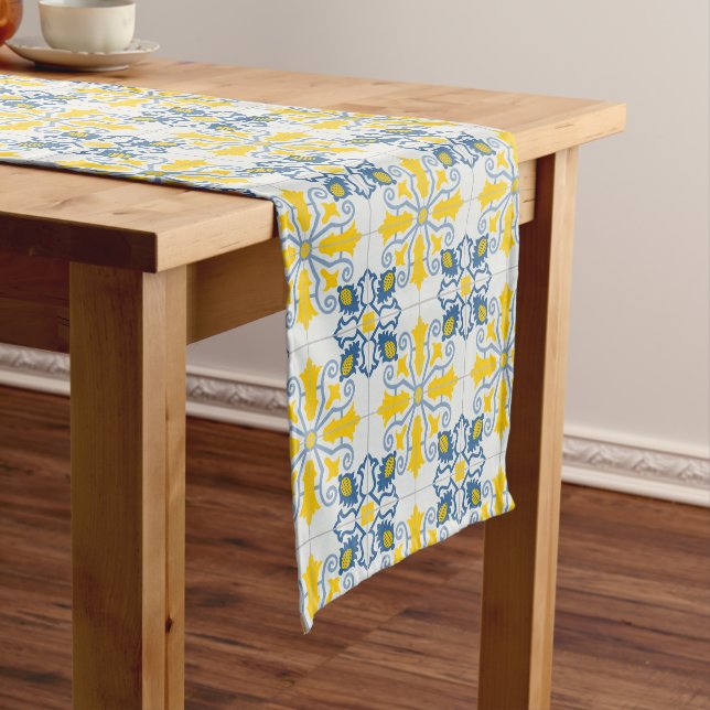 Blue and yellow pretty Portuguese tiles pattern Short Table Runner (In Situ)
