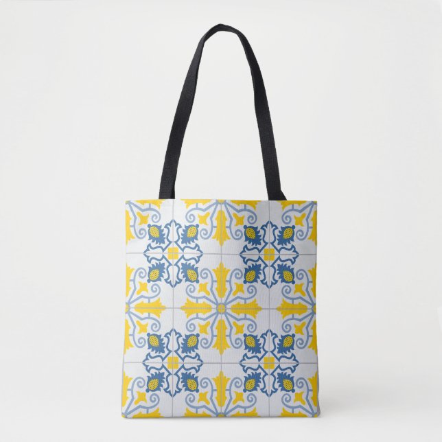 Blue and yellow pretty Portuguese tiles pattern Tote Bag (Front)