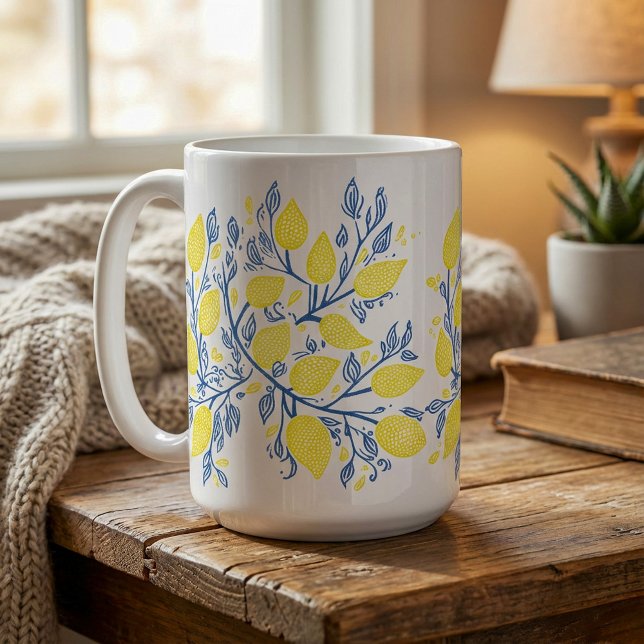 Blue and yellow refreshing lemon vines coffee mug (Blue and yellow refreshing lemon vines coffee mug.)