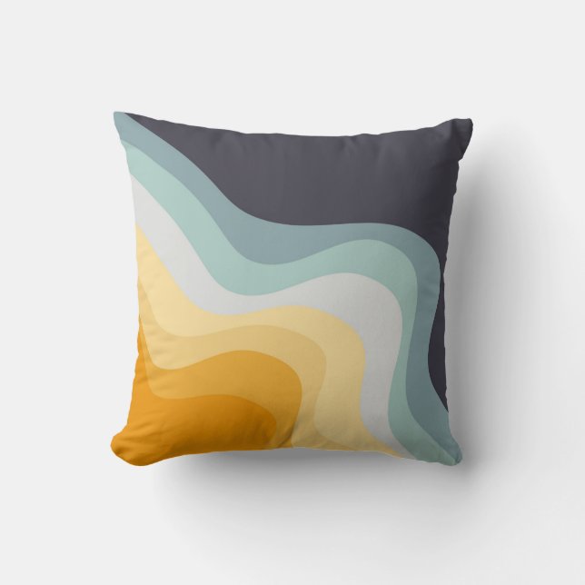 Blue and yellow retro style waves cushion (Front)