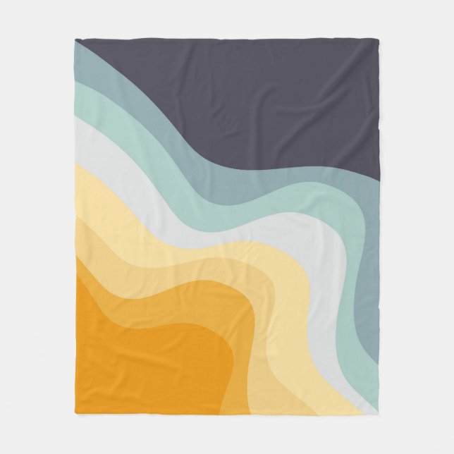 Blue and yellow retro style waves fleece blanket (Front)