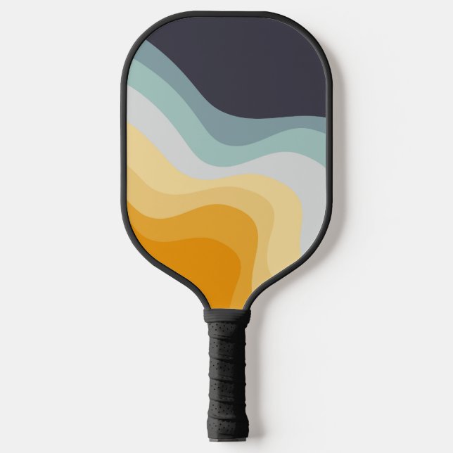 Blue and yellow retro style waves pickleball paddle (Front)