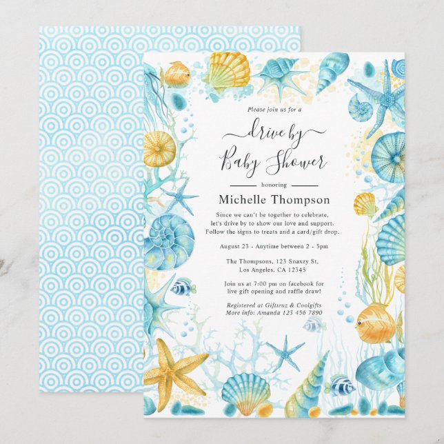 Blue and Yellow Sea Life Drive By Baby Shower Invitation (Front/Back)