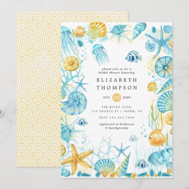 Blue and Yellow Sea Life Nautical Bridal Shower Invitation (Front/Back)