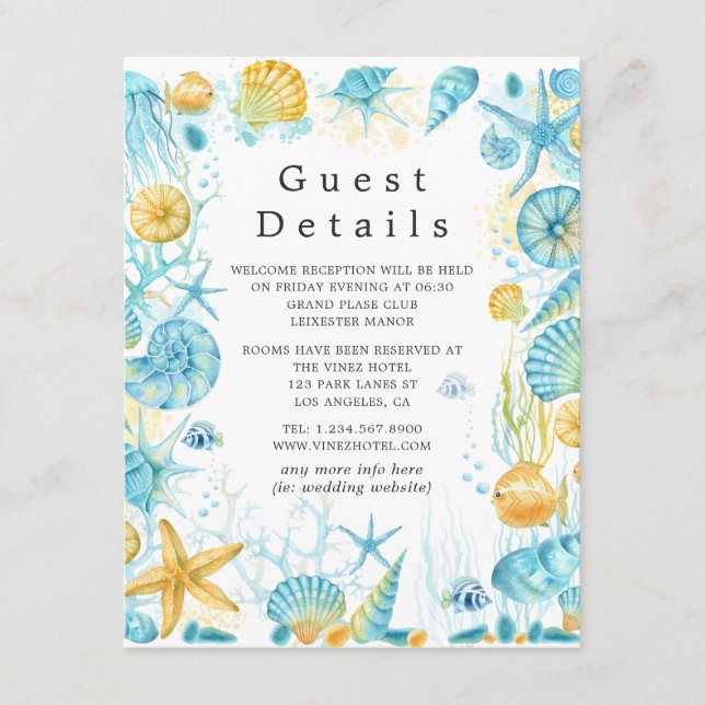 Blue and Yellow Sea Life Wedding Guest Details Enclosure Card (Front)