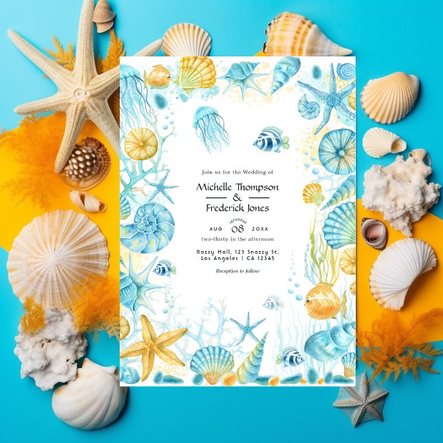 Blue and Yellow Sea Life Wedding Invitation (Creator Uploaded)