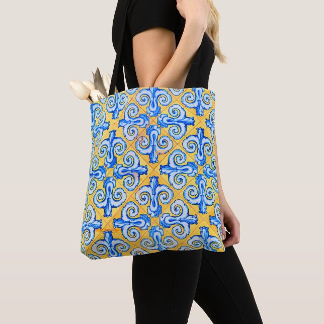 Blue and Yellow Spanish Tile Pattern Tote Bag (Close Up)