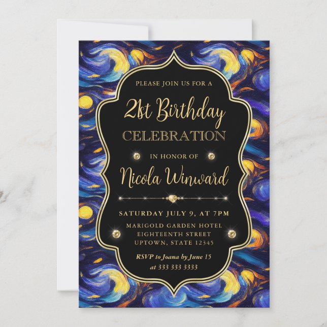 Blue and Yellow Starry Night 21st Birthday Invitation (Front)