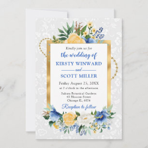 Blue and Yellow Summer Flowers Gold Foil Wedding Invitation